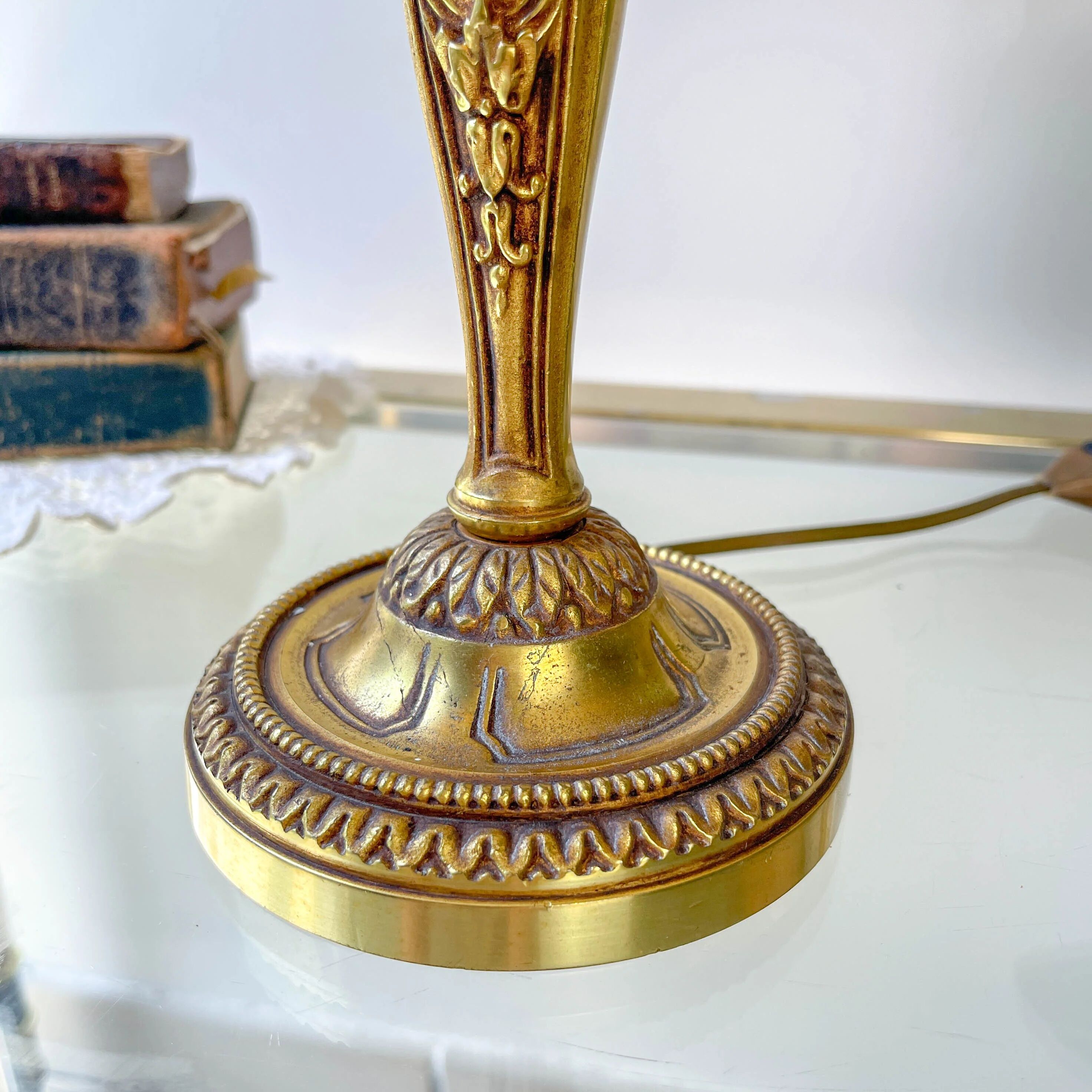 Louis XVI style gilt bronze lamp with yellow fringed shade - elegant vintage antique lamp