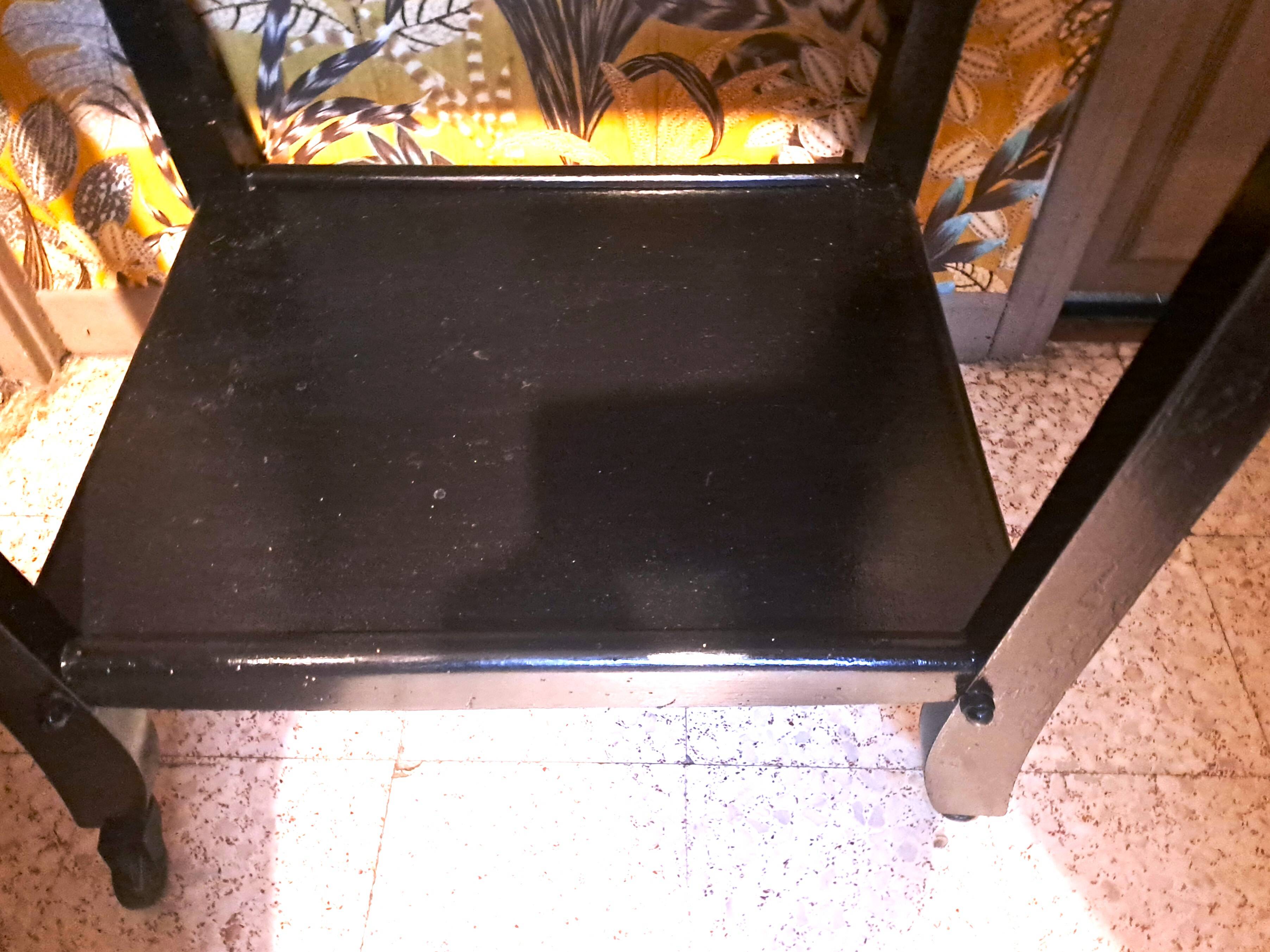 Art Deco style side table, console table on wheels, black varnished wood, 1940