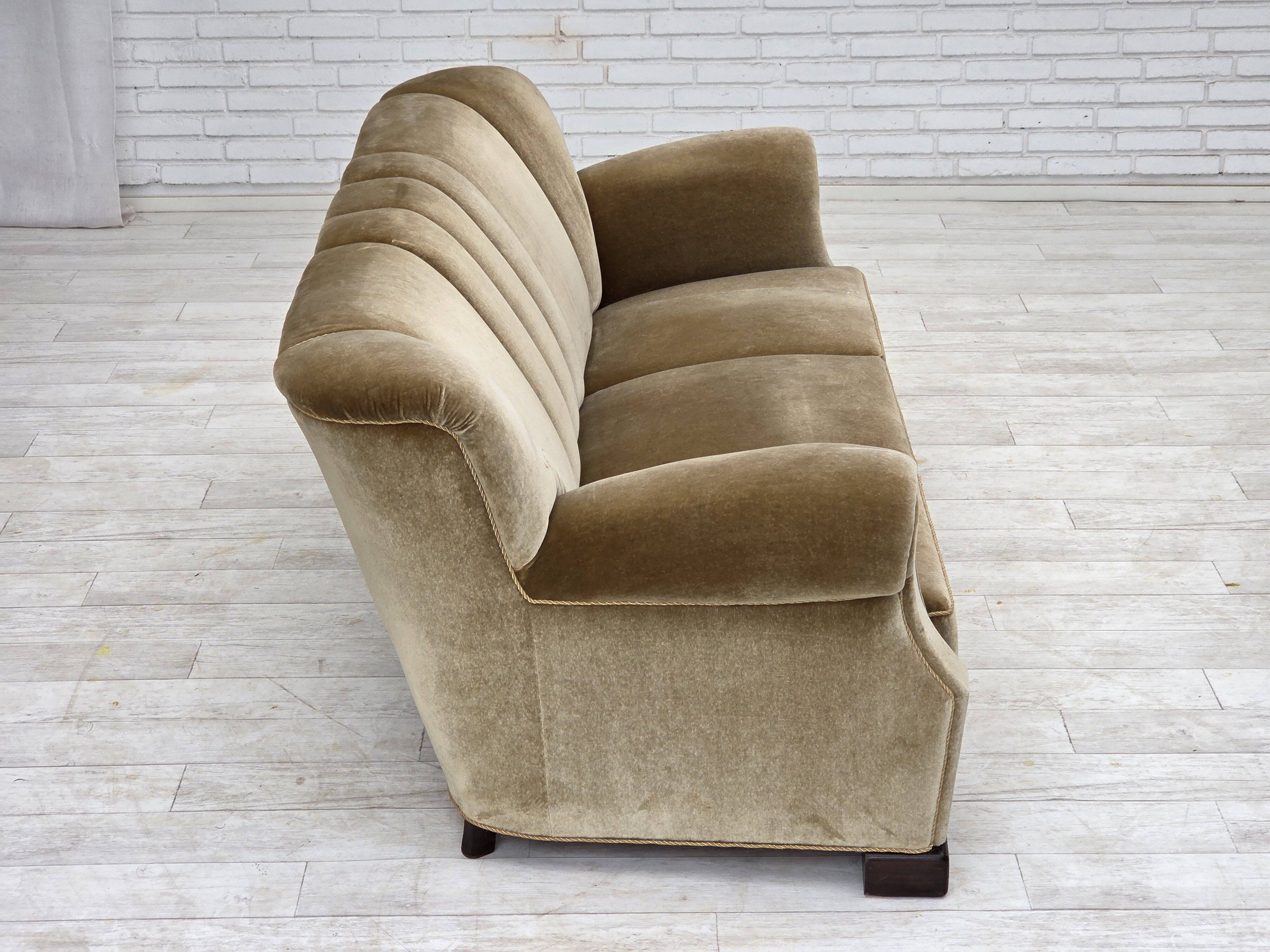 1960s, Danish 3-seater sofa, green furniture velour, oak wood legs.