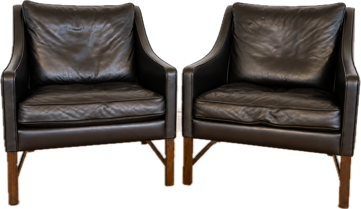 Fredrik Kayser mid-century leather & rosewood lounge chairs – brown leather