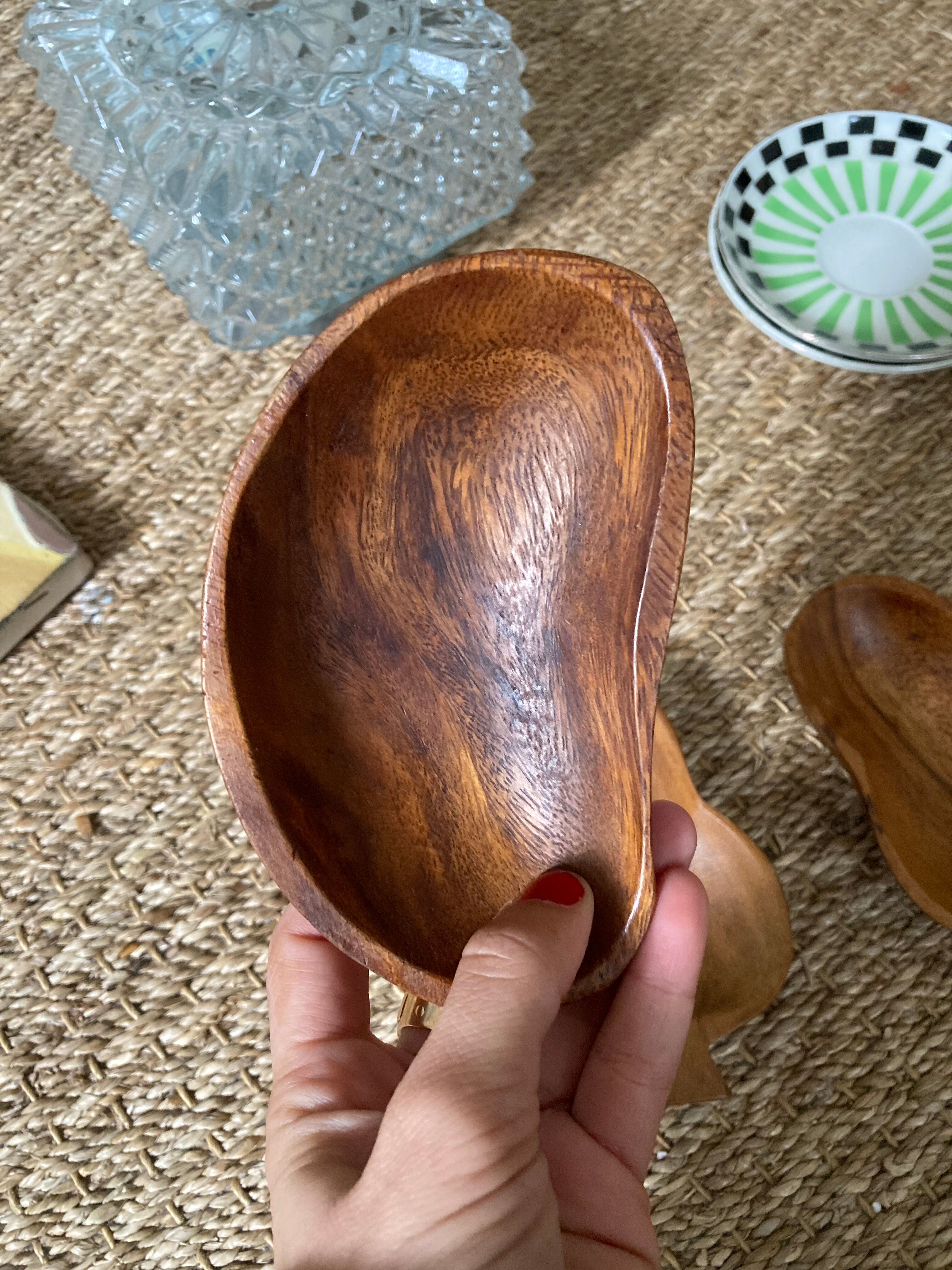 Trio of exotic wooden cups in the shape of beans and vintage clovers