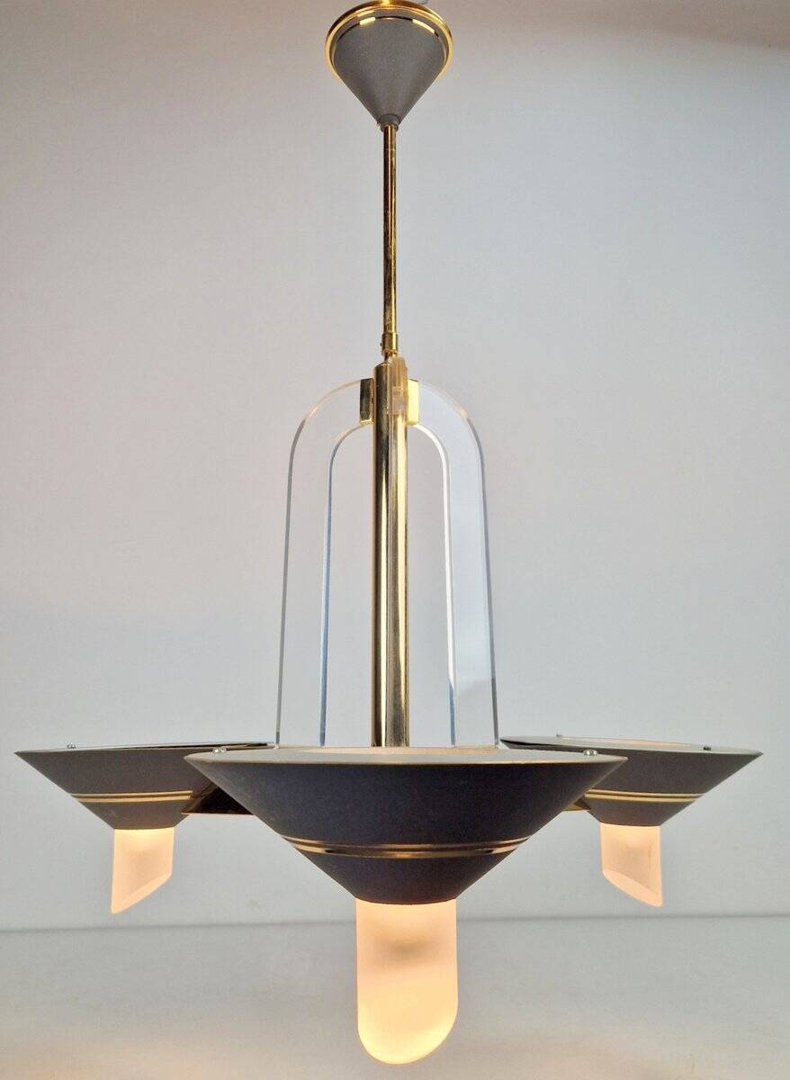 Vintage French Brass Acrylic Chandelier, 1970s