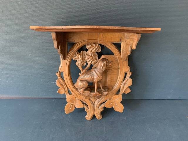 Black Forest carved wooden wall console, dog decor, folk art circa 1900