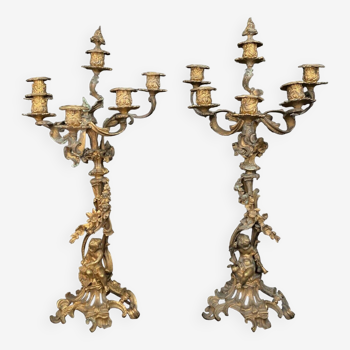 Pair of Napoleon III bronze candelabra in Louis XV Rocaille style