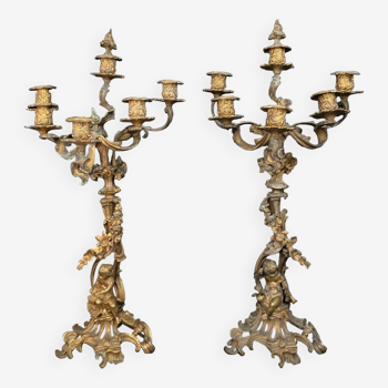 Paire de candélabres en bronze Napoléon III de style Louis XV Rocaille