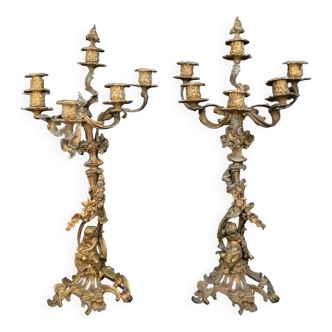 Pair of Napoleon III bronze candelabra in Louis XV Rocaille style