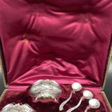 4 salerons, argent, Ravinet D'enfert, 4 pelles, intérieur verre blanc, écrin, intérieur pourpre, XIX