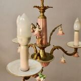 Small Italian Bronze Chandelier with Porcelain Flowers and its 2 Wall Sconces