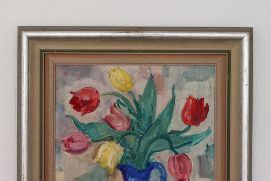 Original mid-century Swedish oil on panel – “Tea” by Karl Enoch Ohlsson – vintage & framed – 56 × 64 cm