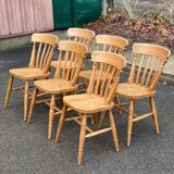 6 Windsor restaurant-style chairs from the 1980s in solid wood.