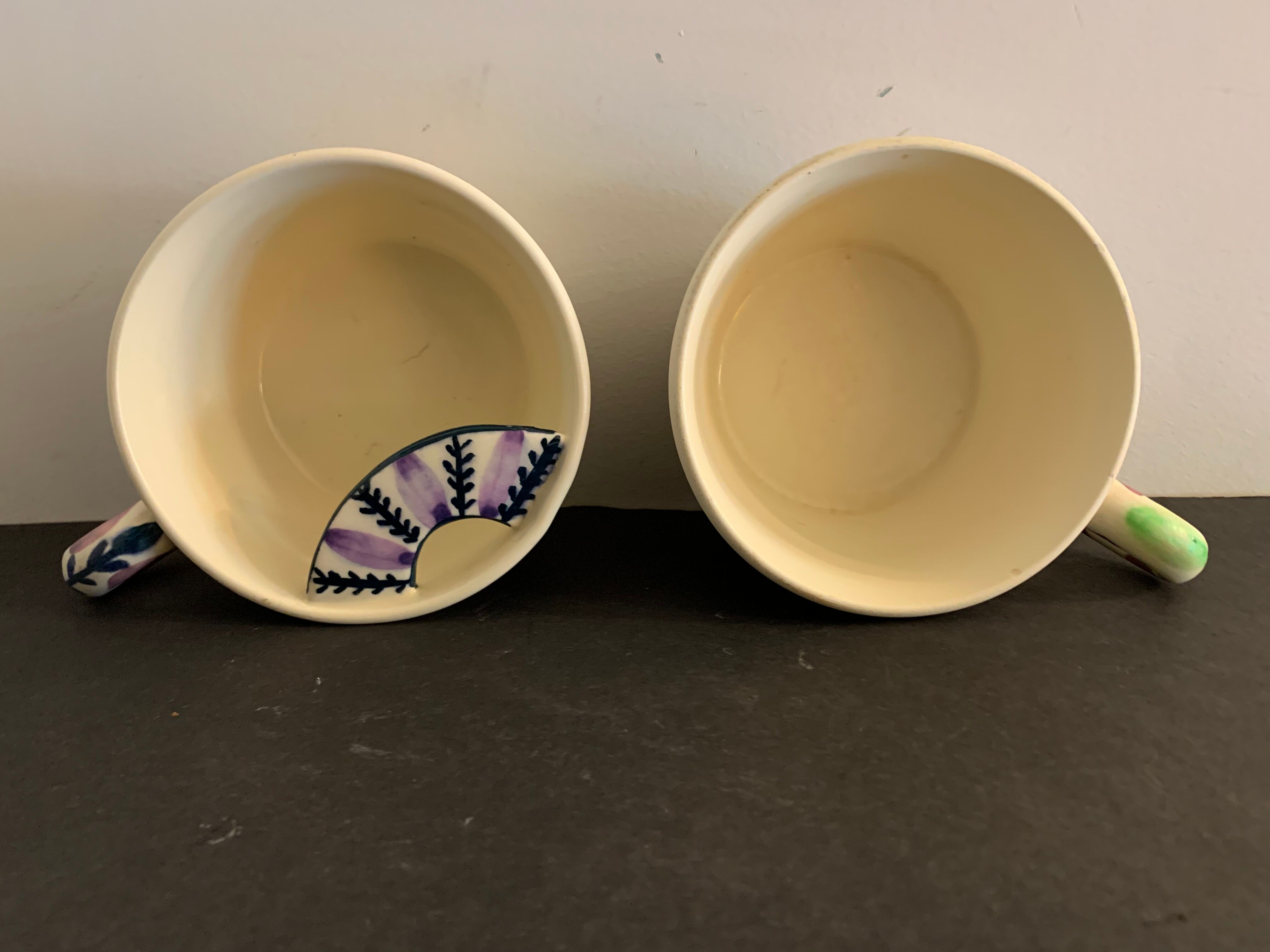 Pair of ceramic cups including a mustache cup for gentleman