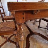 Marquetry wooden dining table with its 6 chairs.