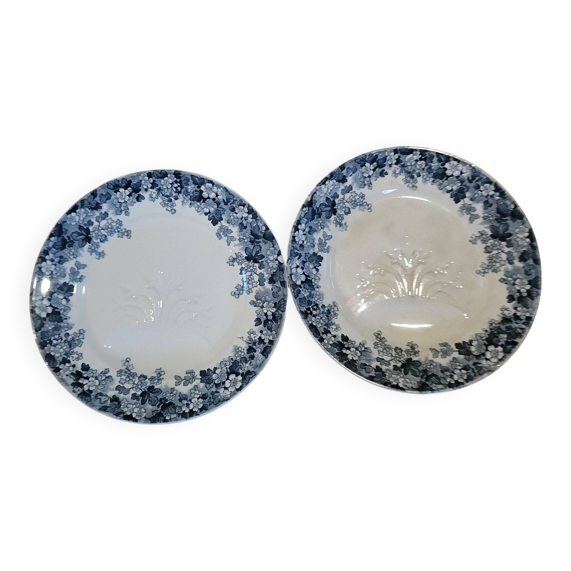 Pair of antique asparagus plates "Récamier" in Terre de Fer, Sarregue