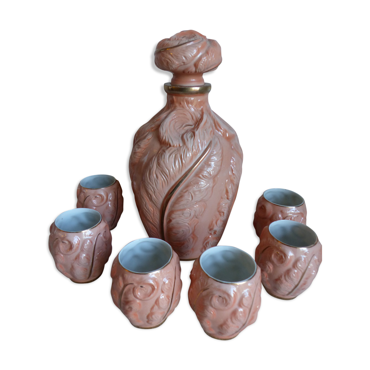 Bottle and six porcelain cups from Couleuvre