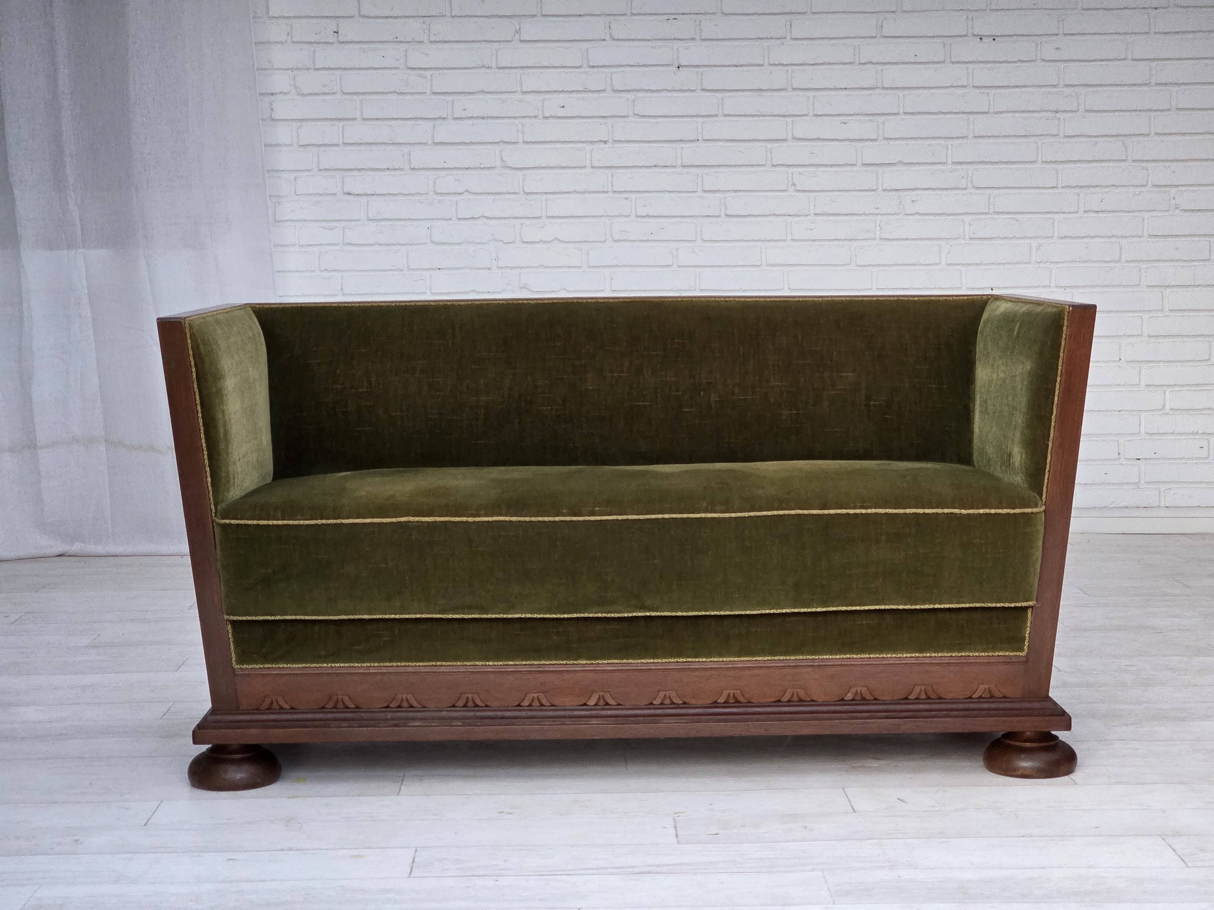 1950s, Danish 2-seater sofa, original green furniture velour, oak wood.