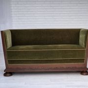 1950s, Danish 2-seater sofa, original green furniture velour, oak wood.