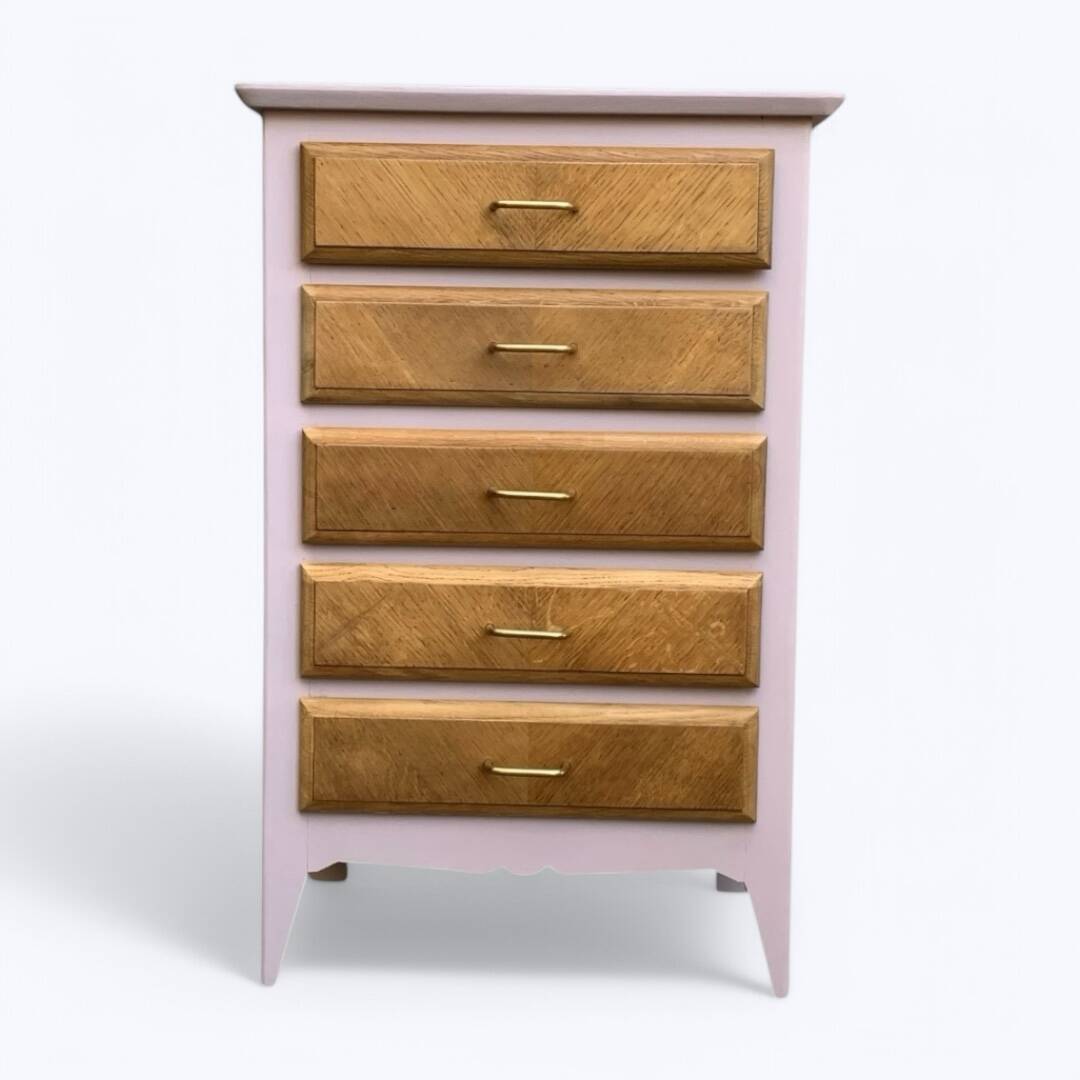 Vintage powder pink compass leg chest of drawers from the 1950s