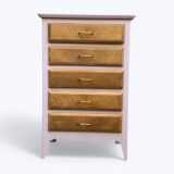 Vintage powder pink compass leg chest of drawers from the 1950s