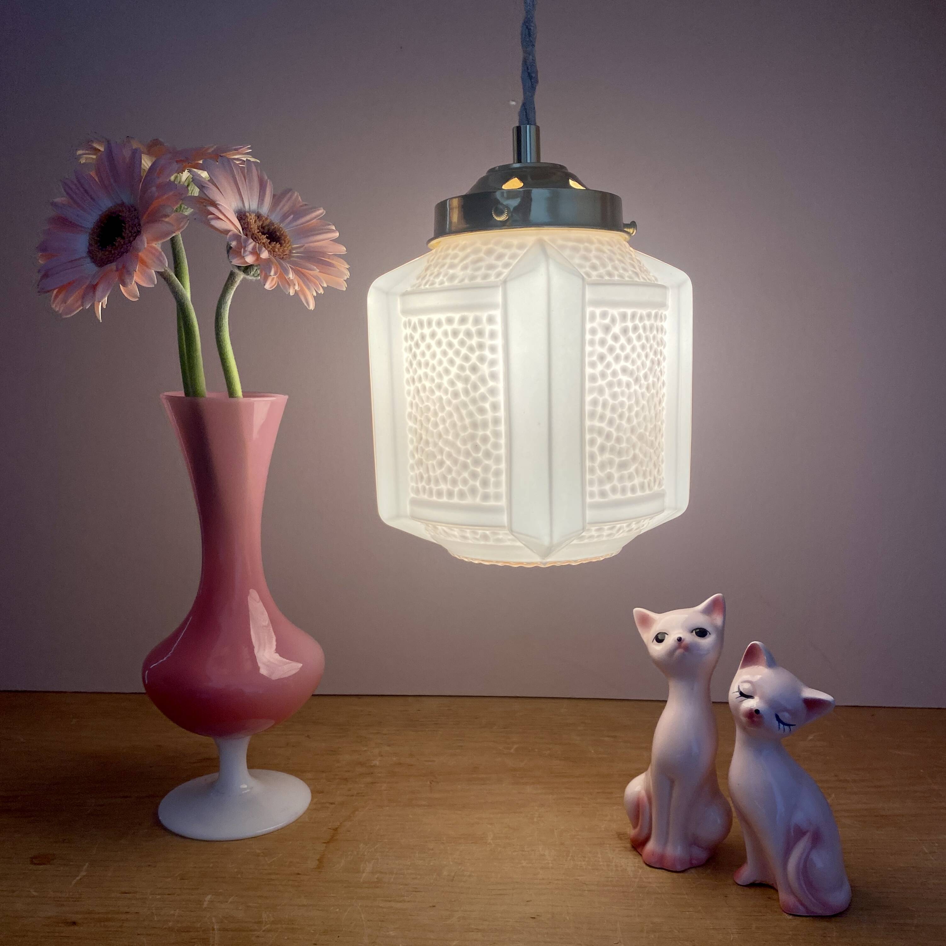 Vintage art deco globe pendant light in pale pink opaline.