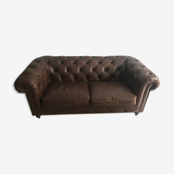 Canape chesterfield 2 places cuir marron