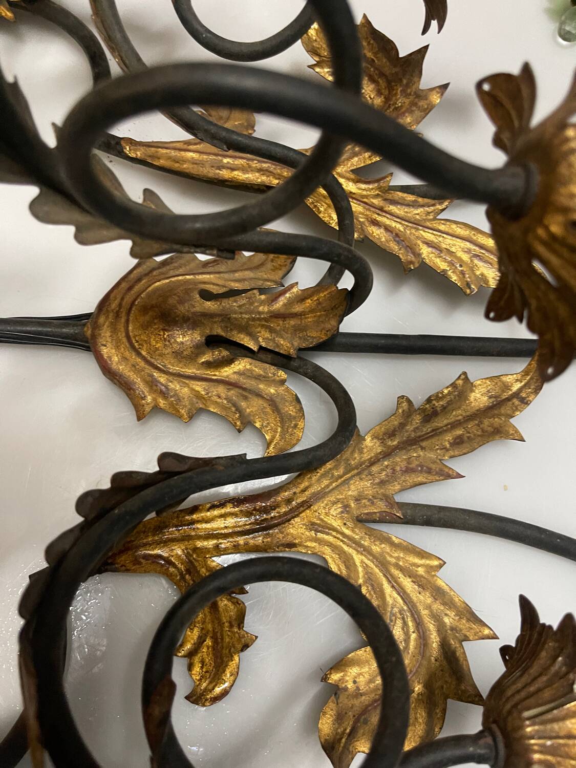 Extra Large Italian Tole Wall Light Sconce with Murano Glass Flowers