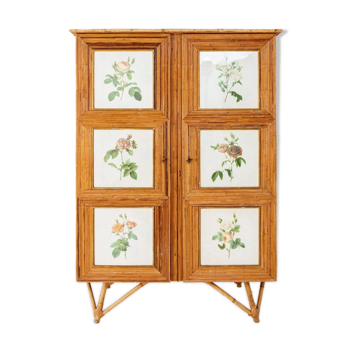 Split bamboo cabinet and engravings under glass 1960