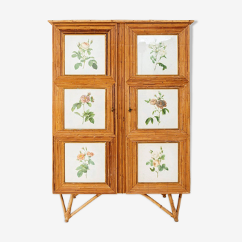 Split bamboo cabinet and engravings under glass 1960
