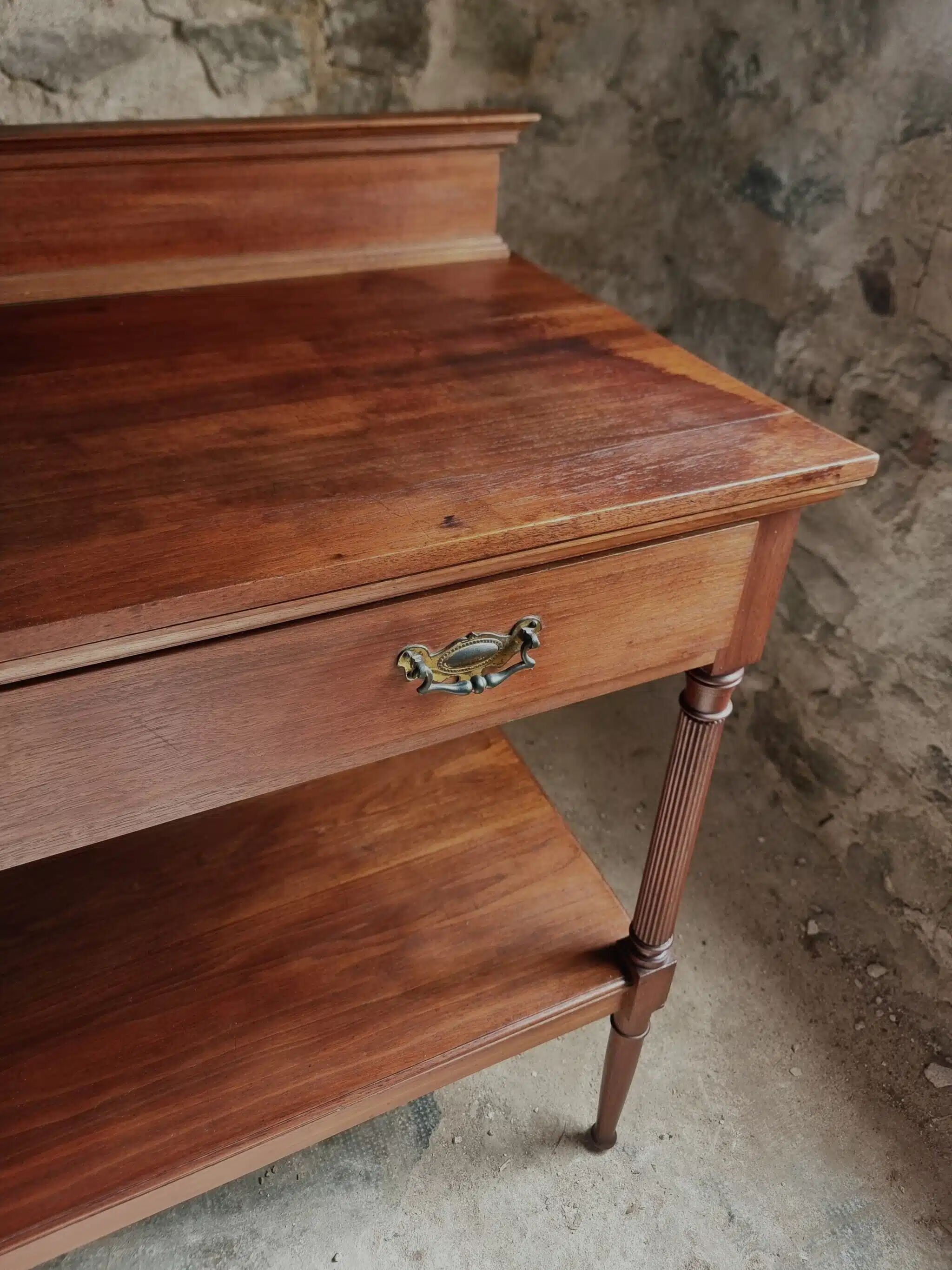 Antique mahogany console with drawer and shelf, French serving table, circa 1900.
