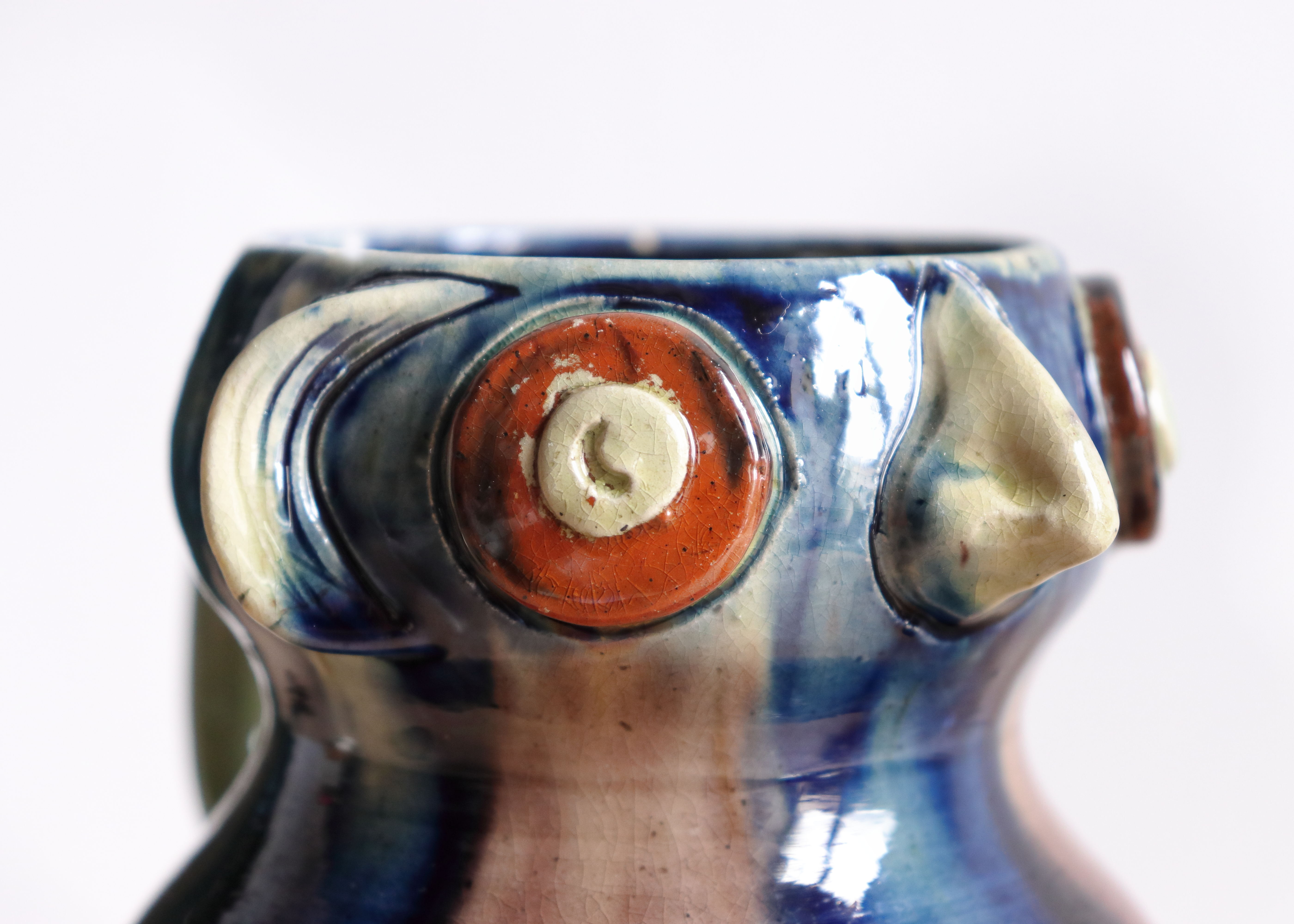 Zoomorphic ceramic owl vase in Flanders earth, Torhout Belgium, Art Nouveau period