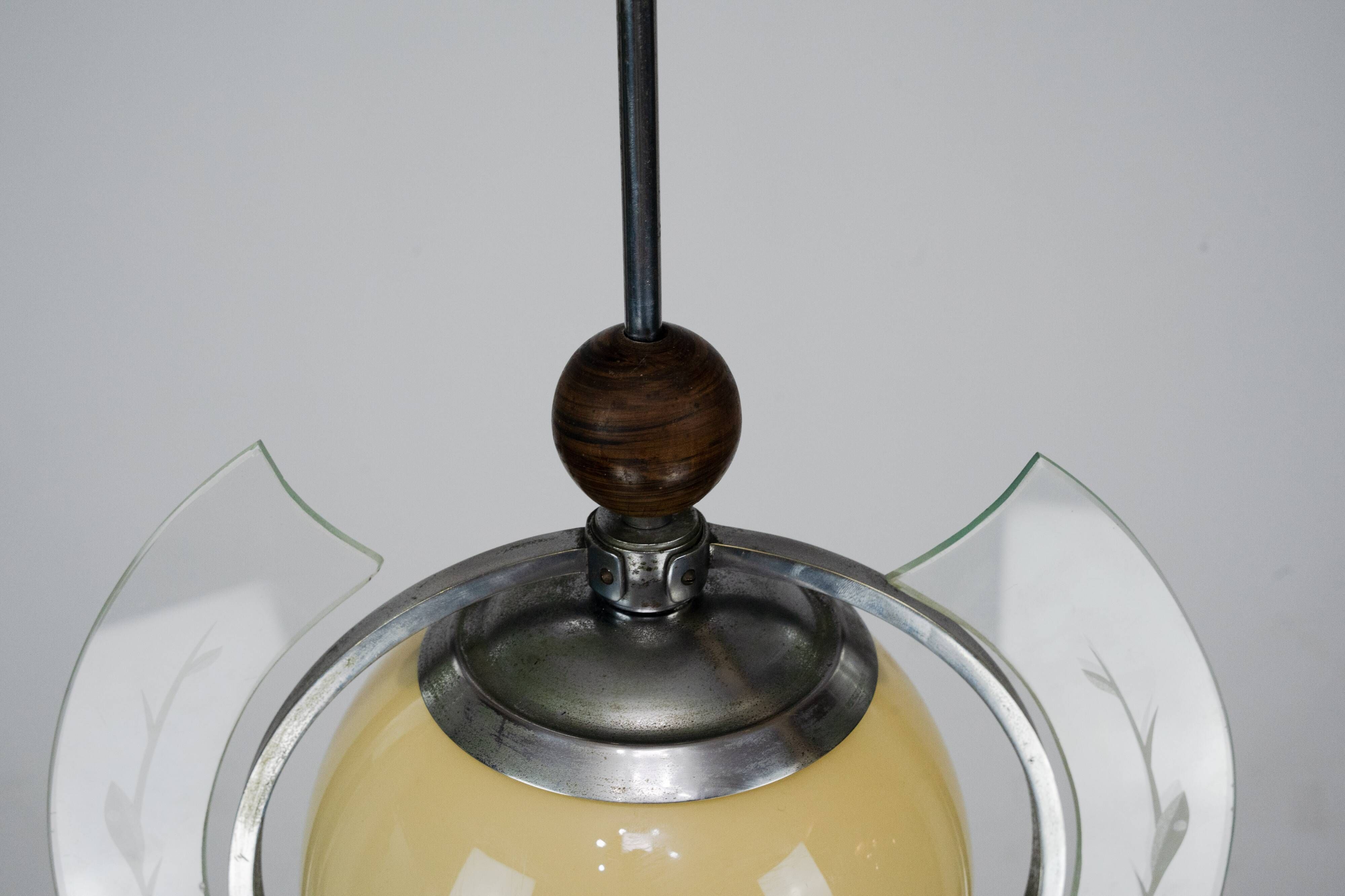 1930s Italian Art Deco Pendant Light with Etched Glass and Amber Globe
