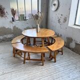 Set of round table and 4 rounded benches, 1950