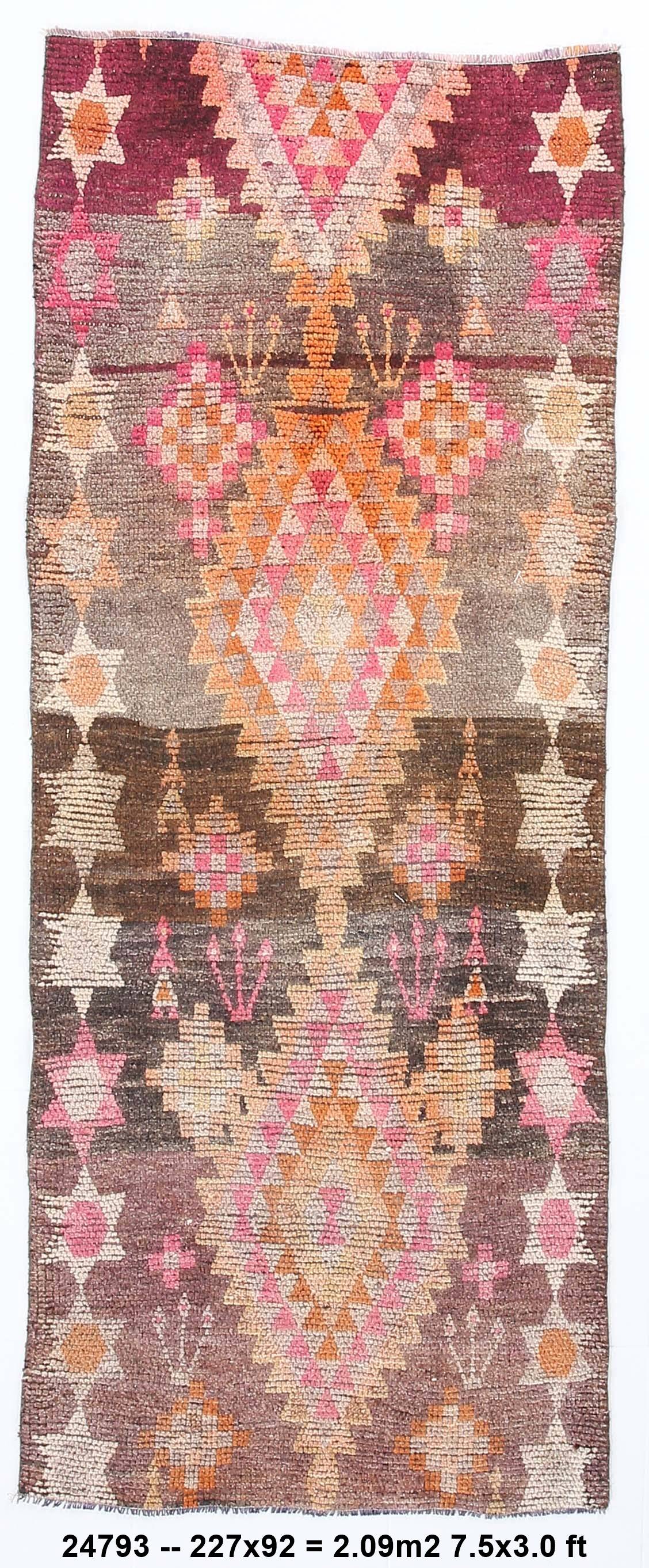 3x7 Brown Hot Pink Turkish Vintage Runner Rug, 92x227Cm
