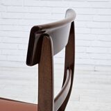 1970s, reupholstered set of 6 pcs Danish dining chairs, teak wood, camel brown leather.