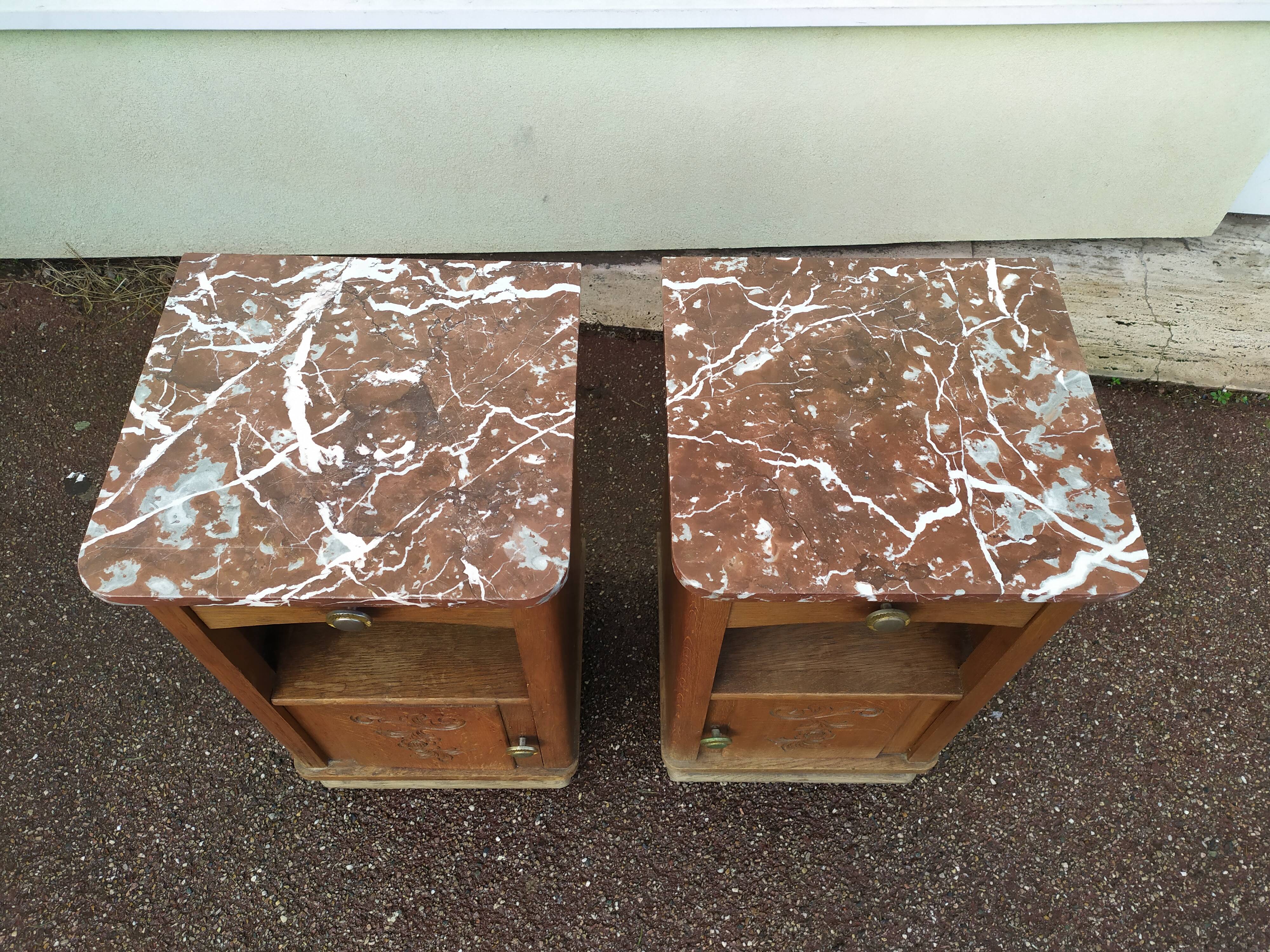 Set of 2 1950 Wood and Marble Bedside Tables