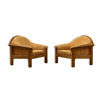 Pair Scandinavian pine easy lounge chairs, 1970s