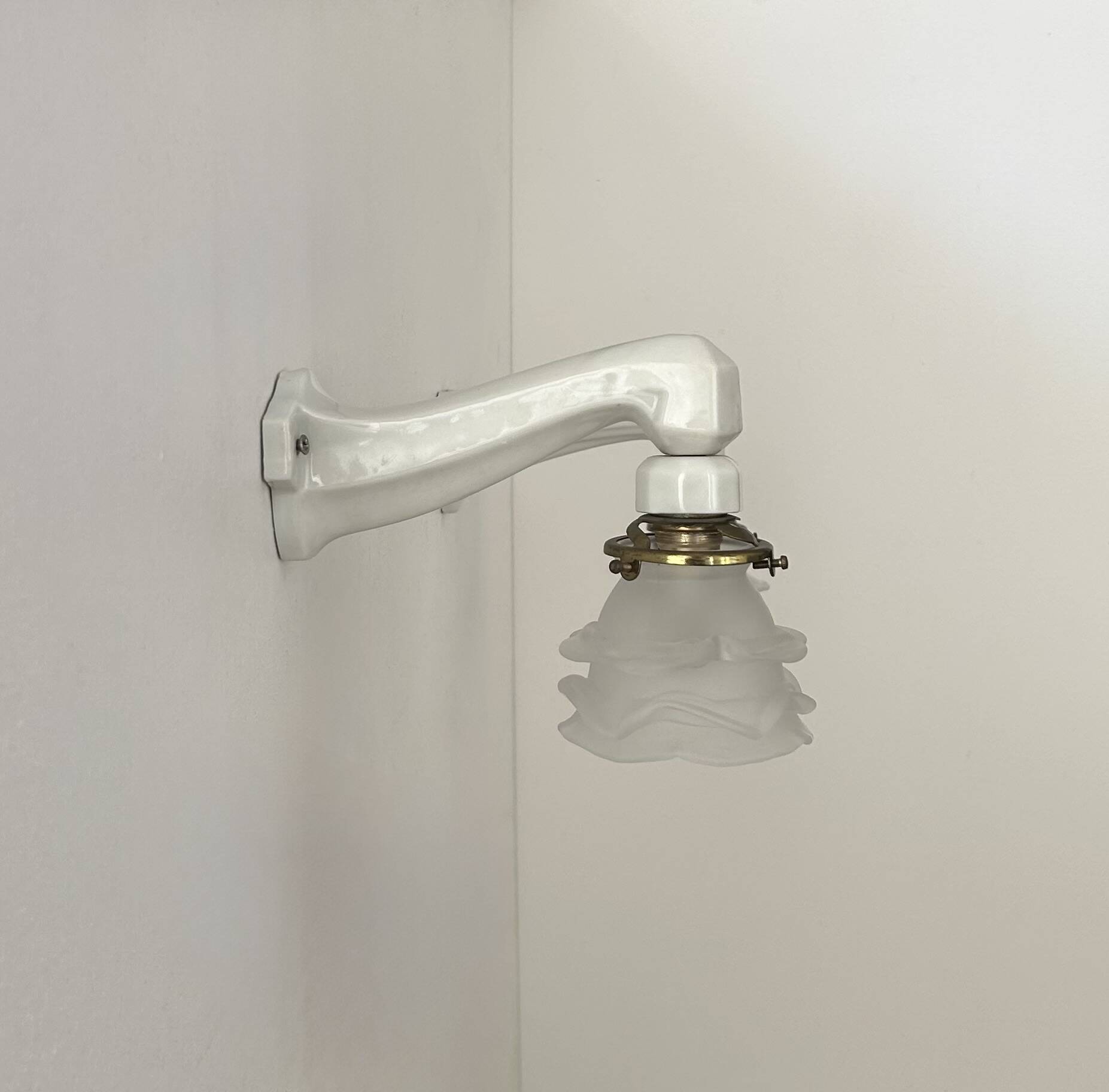 Pair of vintage art deco wall lights, porcelain and sandblasted glass, France 1930