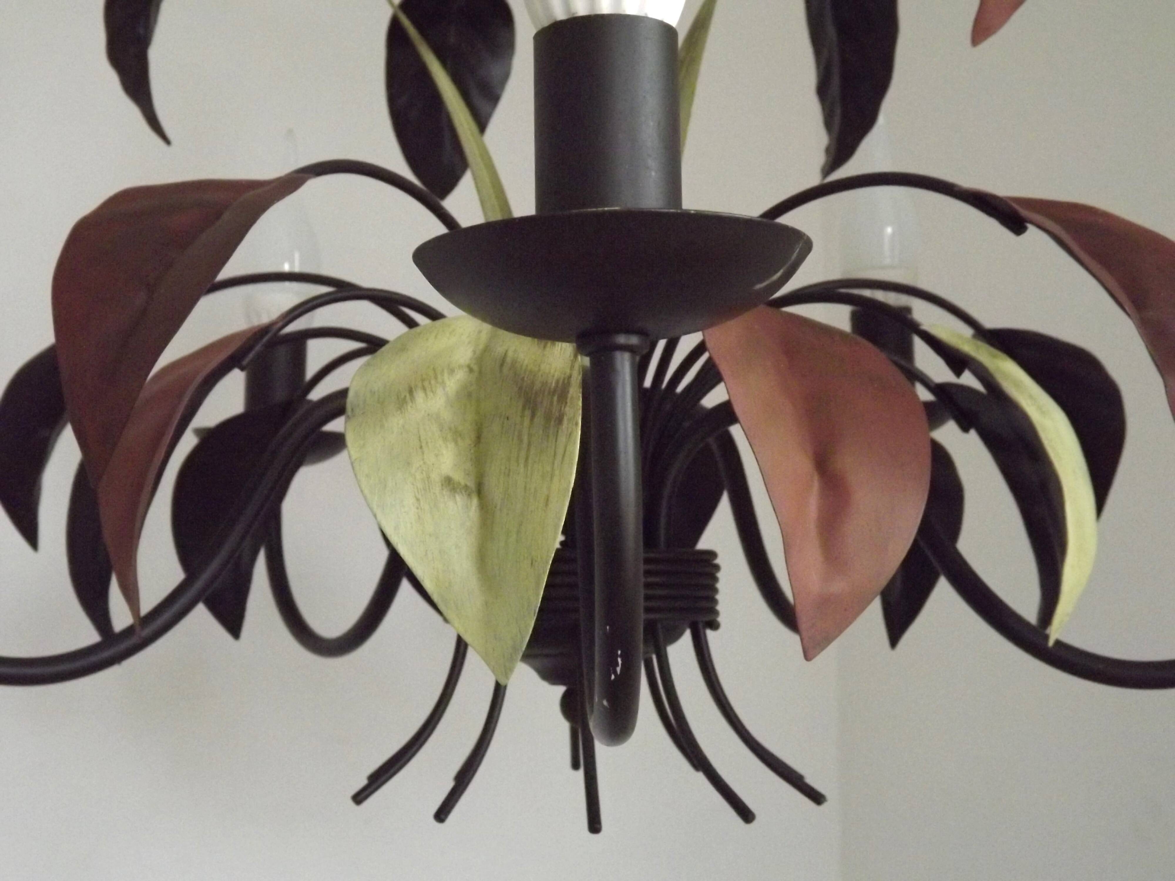 French Vintage 5 Light Brown & Green Tied Boquet Leaf Chandelier