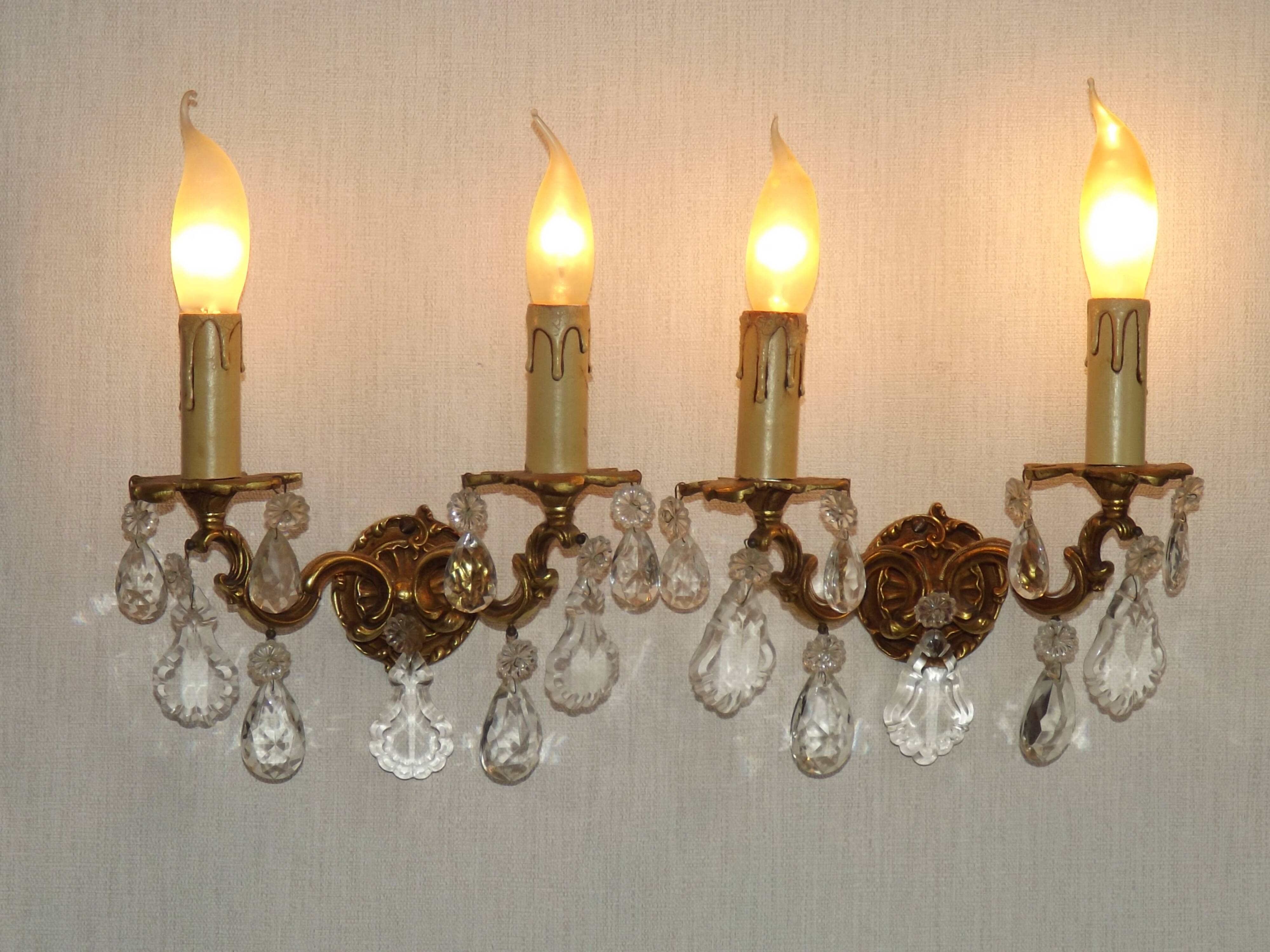 Pair of French Vintage Double Bronze Crystal Wall Lights with Acanthus Detail