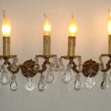 Pair of French Vintage Double Bronze Crystal Wall Lights with Acanthus Detail