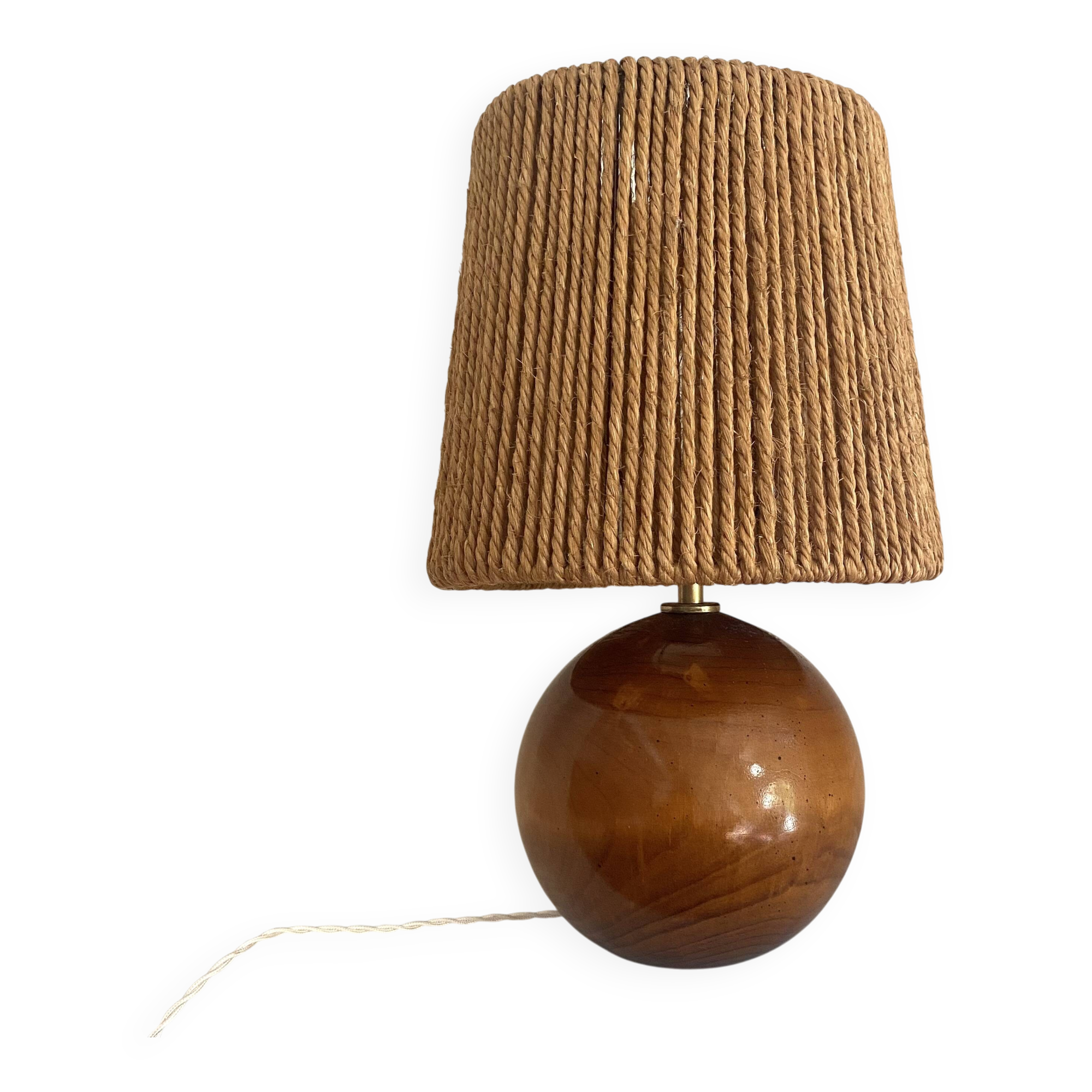 Wooden lamp, new braided fabric cable, cord lampshade, 1960s.