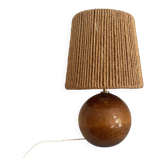 Lampe en bois, câble tissu tressé neuf, abat-jour en corde, années 60