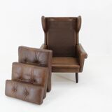 1970 Svend Skipper High Back Armchair and Stool in Brown Leather, Denmark