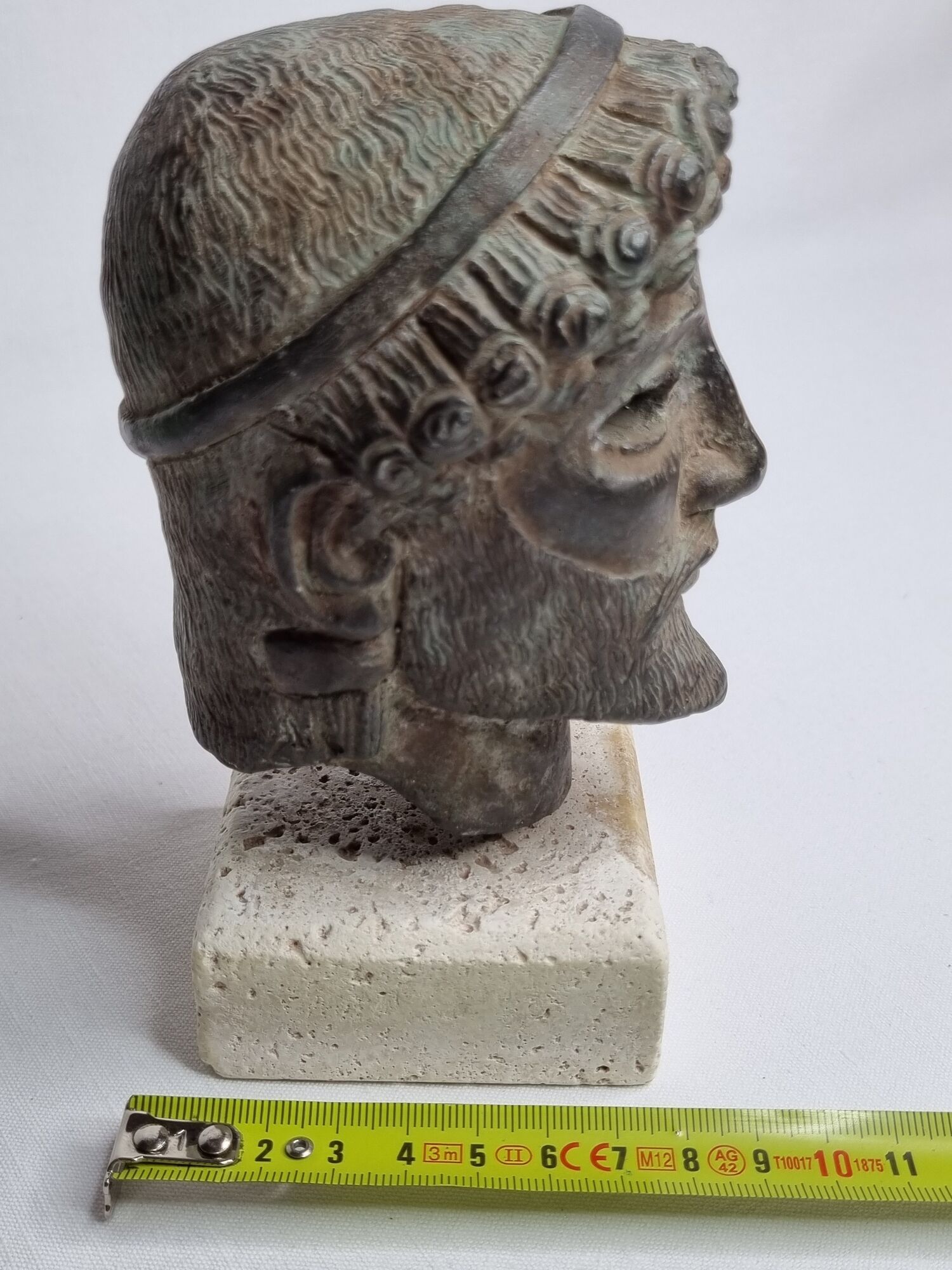Head of Zeus in patinated plaster in imitation of bronze, 15 cm