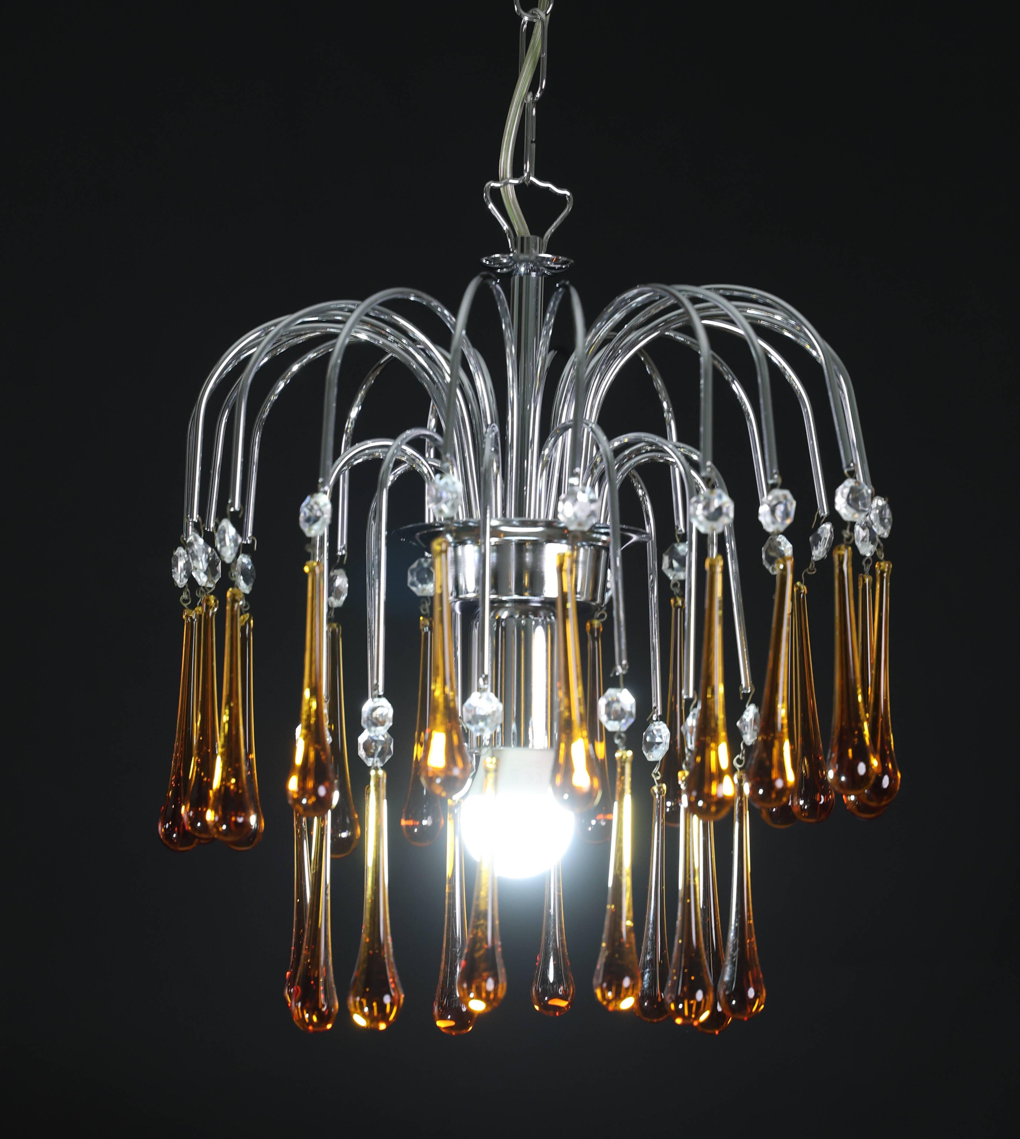 The Amber Crown, Murano Chandelier Amber and Crystal Drops, 1970s