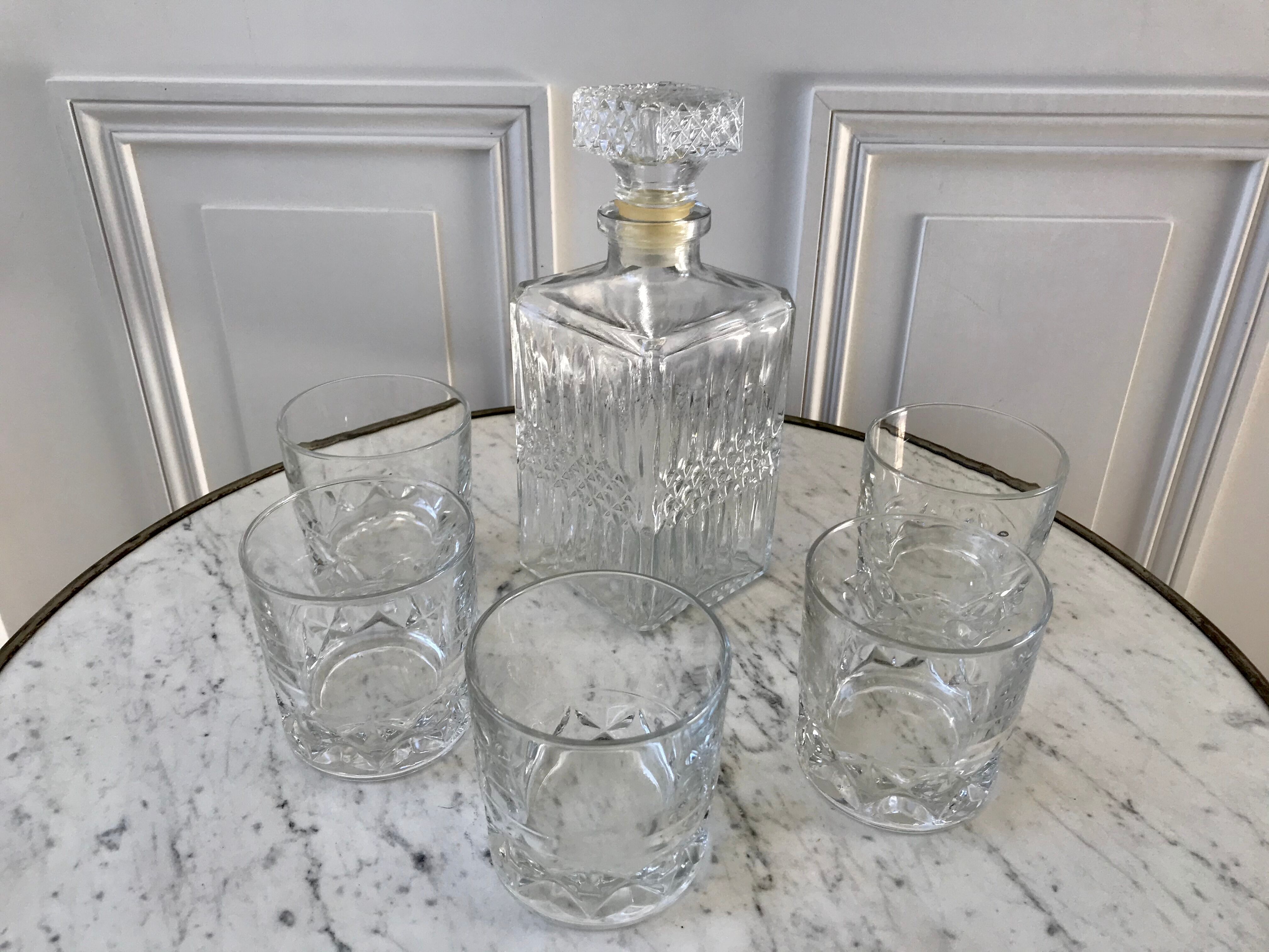 Set of a decanter and 5 whiskey glasses 70s