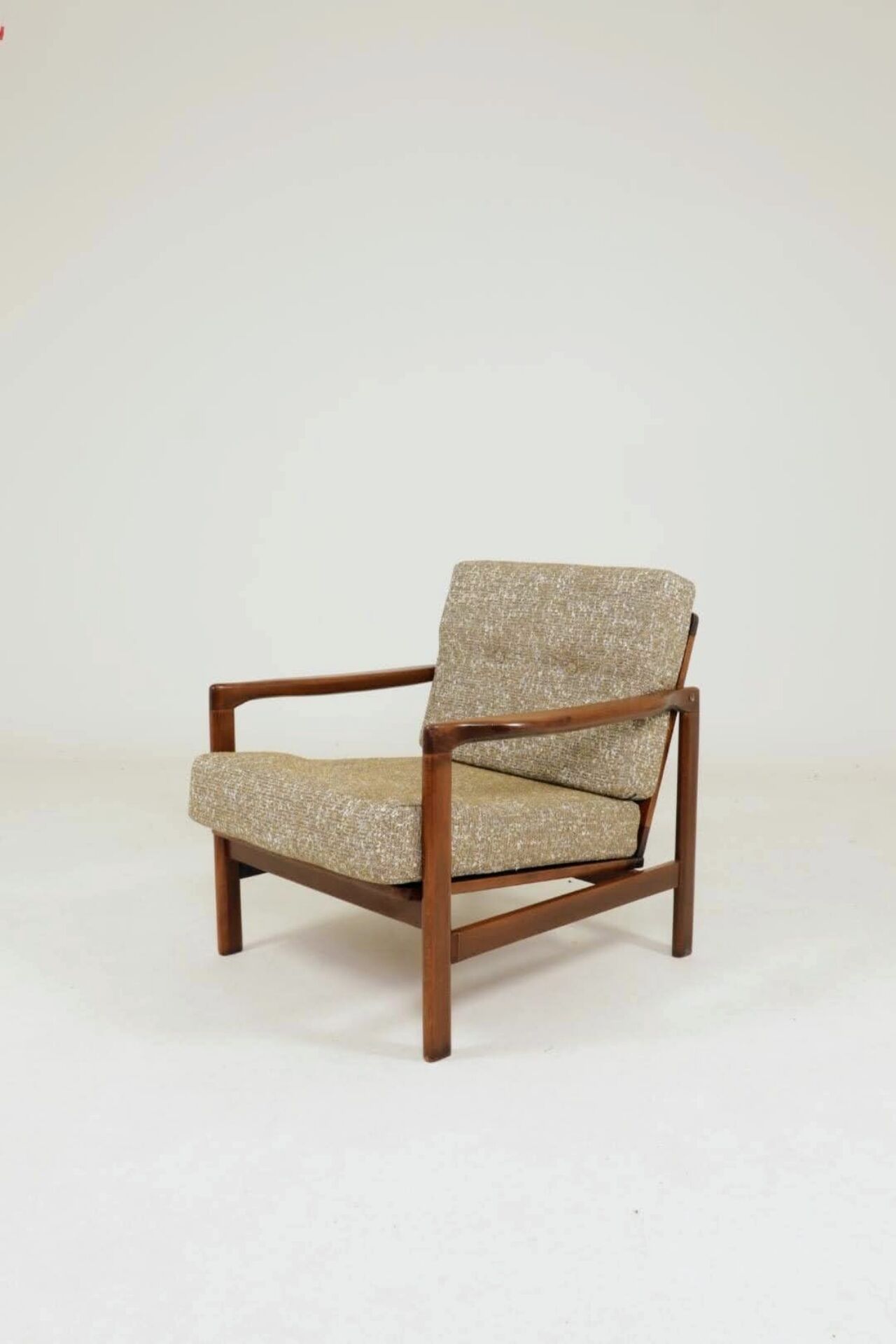 Fauteuil vintage en tissu chiné beige moutarde et olive, Pologne 1960