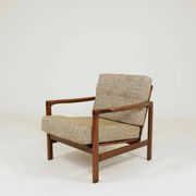 Vintage Armchair Tissu chiné beige moutarde et olive, Poland 1960