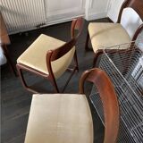 Restored - Set of 4 Baumann chairs, "Luge / Sleigh" model, 60s - Beech and cappuccino beige velvet - Scandinavian design