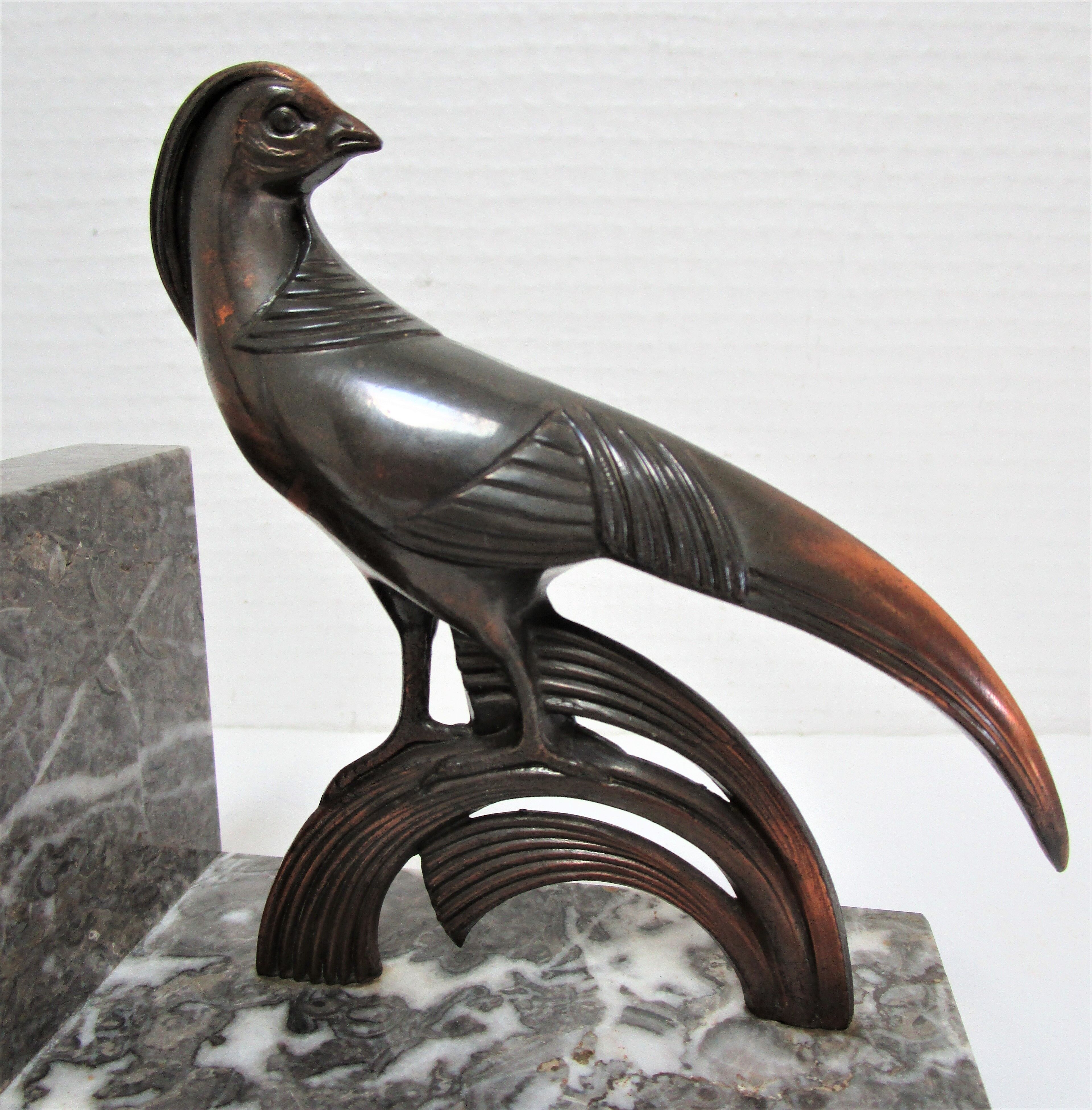 Pair of greenhouse books bird Art Deco metal patinated marble