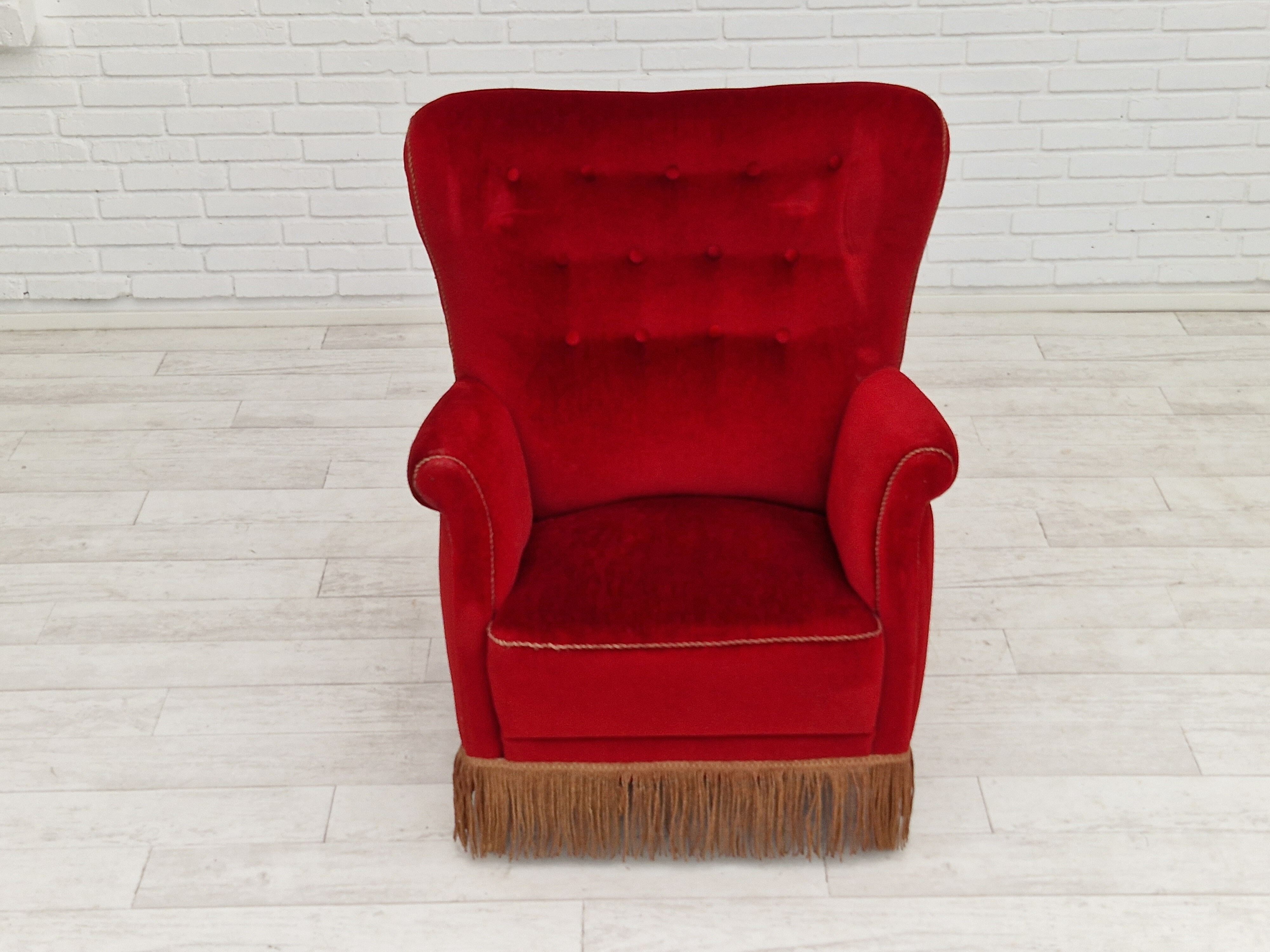 1960s, danish high back vintage armchair in cherry-red velour